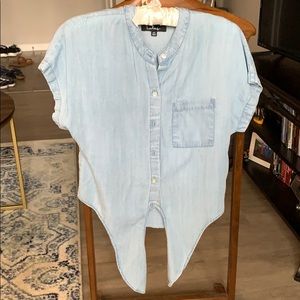 Button up front-tie denim/chambray shirt